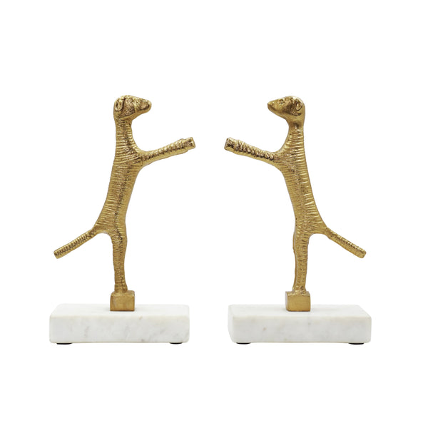 PAIR OF DOG BOOKENDS IN BRASS FINISH ON WHITE MARBLE BASE