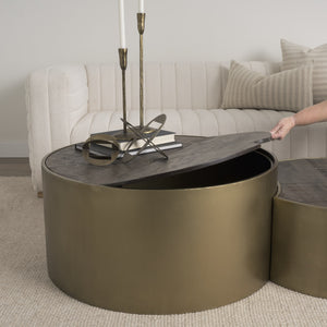 Eclipse Gold Metal Drum Base w/ Dark Brown Wood Top Nested Coffee Table