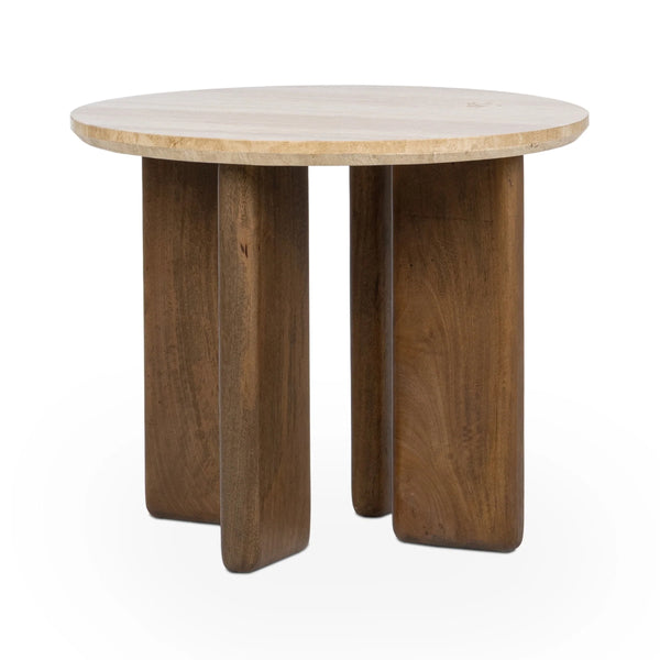 Idella Travertine Round End Table with Mango Wood Legs - Tan