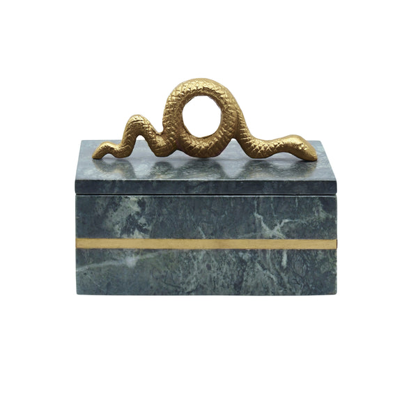 GREEN MARBLE BOX WITH BRUSHED BRASS DETAIL AND BRASS SNAKE HANDLE