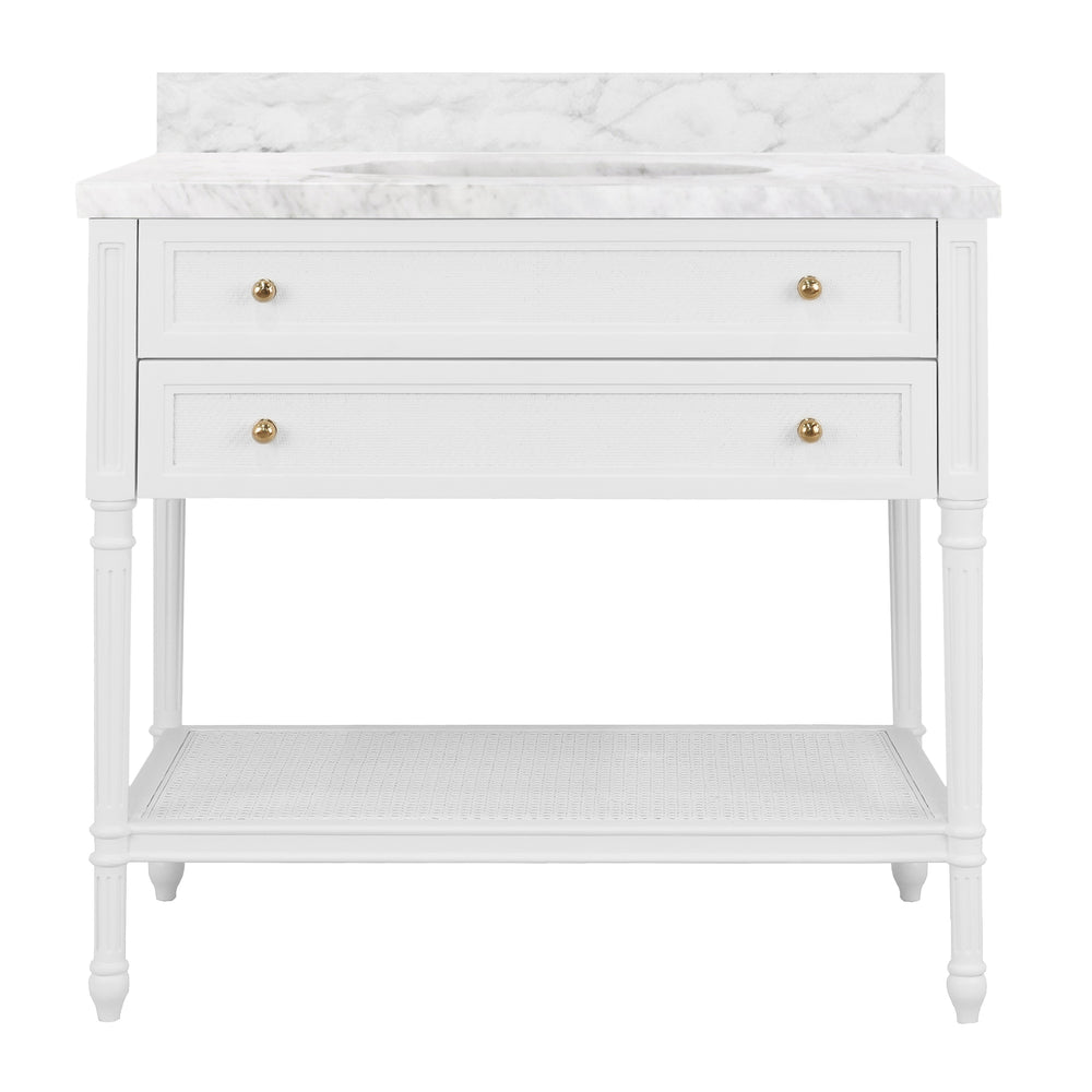 BATH VANITY WITH FLUTED LEG AND OPEN CANE SHELF
