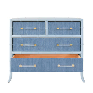 FOUR DRAWER CHEST WITH BAMBOO DETAIL IN BLUE DYED GRASSCLOTH AND LIGHT BLUE MATTE LACQUER