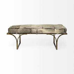Jessie 55L x 16W White/Gray Hair-On-Hide Seat W/Gold Metal Base Accent Bench