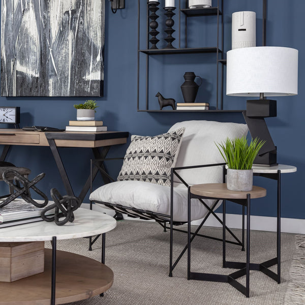 Larkin II Marble and Medium Brown Wood Round Tabletop Nesting End/Side Tables