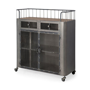 Udo Metal Frame Two Door Cabinet w/Two Drawers & Wood Top Bar Cart
