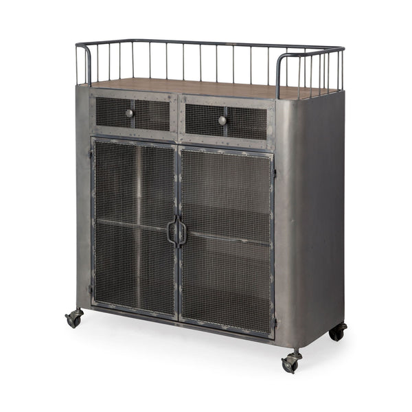 Udo Metal Frame Two Door Cabinet w/Two Drawers & Wood Top Bar Cart