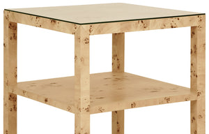 THREE TIER SQUARE SIDE TABLE IN BURL WOOD