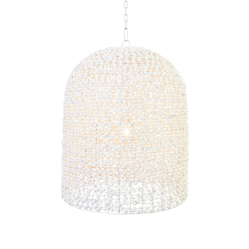 ELONGATED DOME SHAPED PENDANT WRAPPED WITH WHITEWASH WOOD BEADS
