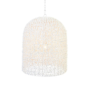 ELONGATED DOME SHAPED PENDANT WRAPPED WITH WHITEWASH WOOD BEADS