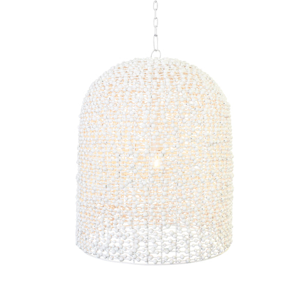 ELONGATED DOME SHAPED PENDANT WRAPPED WITH WHITEWASH WOOD BEADS
