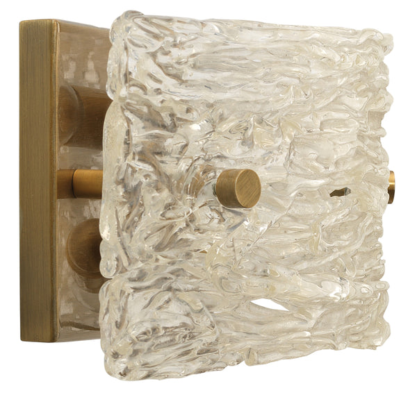 Swan Curved Glass Sconce, Small, Clear Textured Glass and Antique Brass Metal