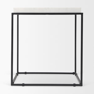 Nathan II 18" x 20" Square Top White Marble and Black Metal End/Side Table