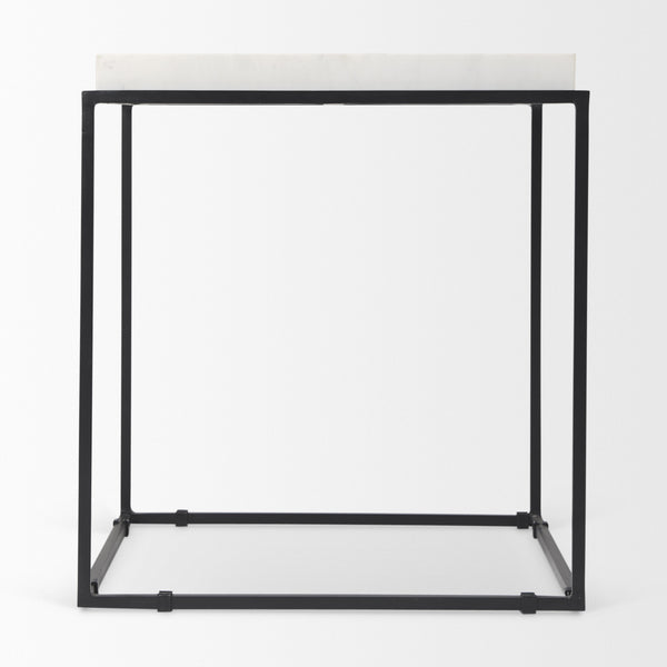 Nathan II 18" x 20" Square Top White Marble and Black Metal End/Side Table