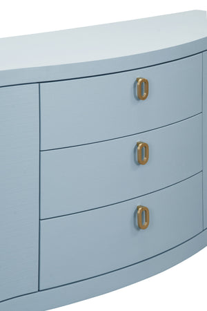 CURVED FRONT TWO DOOR THREE DRAWER BUFFET IN TEXTURED LIGHT BLUE LINEN WITH SATIN BRASS RING HARDWARE
