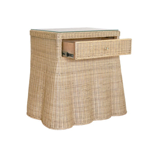 ONE DRAWER RECTANGULAR SIDE TABLE WITH FLARED SCALLOPED BASE IN RATTAN WITH GLASS TOP