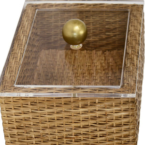 SMALL WOVEN RATTAN CONTAINER WITH ACRYLIC LID AND BRASS BALL HANDLE