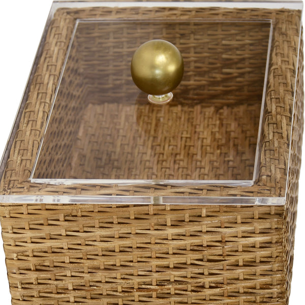 SMALL WOVEN RATTAN CONTAINER WITH ACRYLIC LID AND BRASS BALL HANDLE