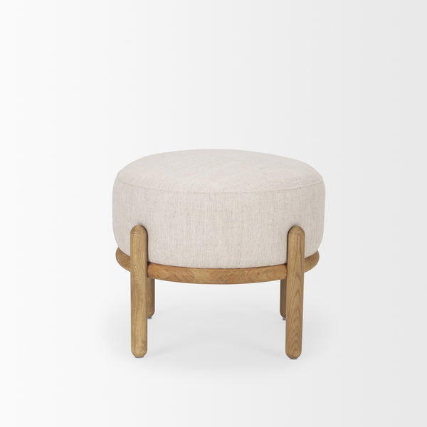 Gwynn Beige Fabric w/ Light Brown Wood Pouf