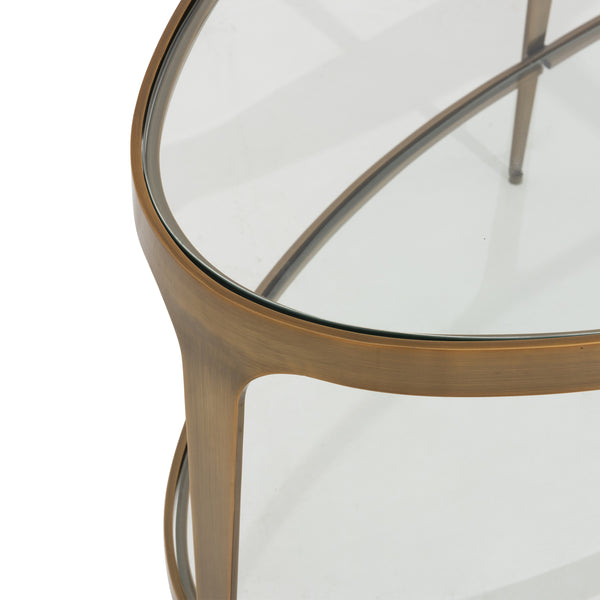TWO TIER GLASS TOP OVAL COFFEE TABLE IN ANTIQUE BRASS