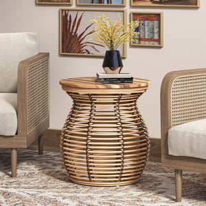 Quito Rattan Side/ End Table w/ Wood Top, Honey