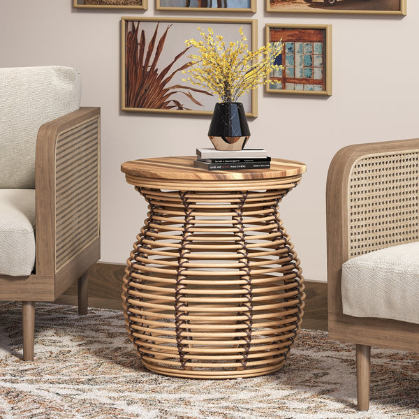 Quito Rattan Side/ End Table w/ Wood Top, Honey