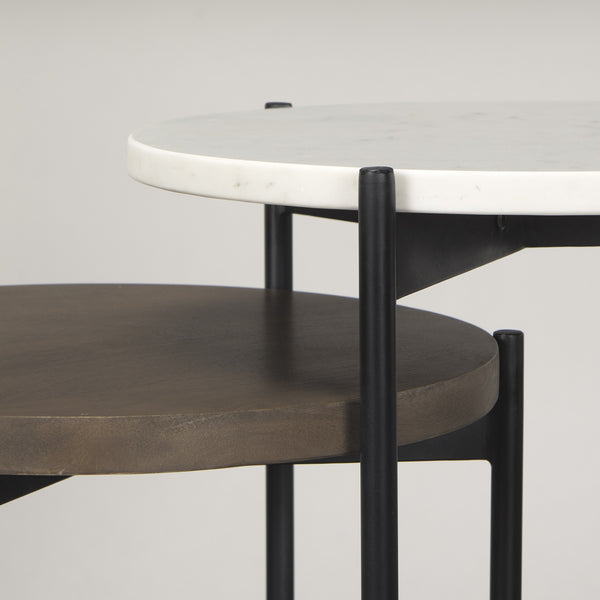 Larkin Marble & Dark Brown Wood Tabletop Nesting End/Side Tables