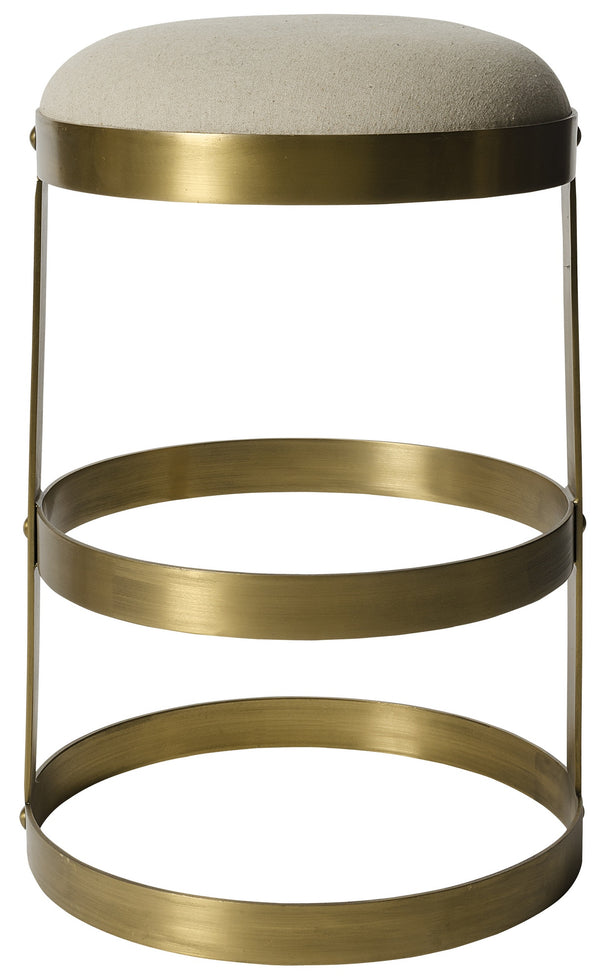 Dior Industrial Steel Counter Stool in Antique Brass with Light Linen Cushion
