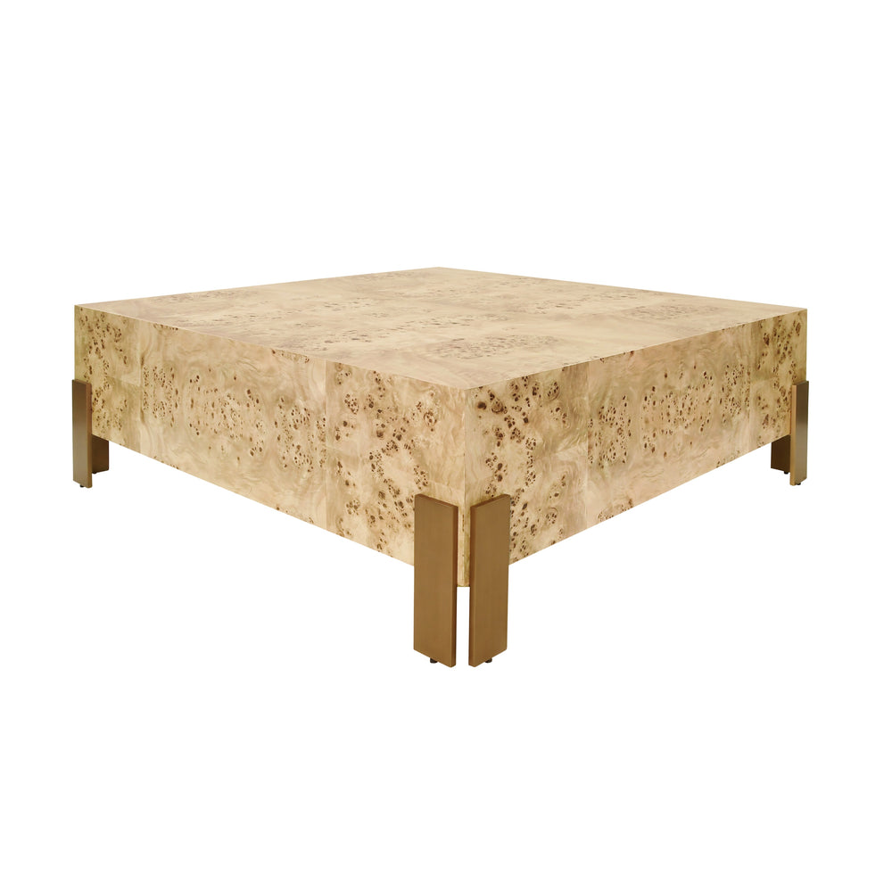 SQUARE CHUNK COFFEE TABLE WITH ANTIQUE BRASS LEG BRACKETS IN BURL WOOD