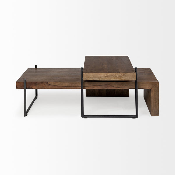 Maddox Set of 2 Brown Solid Wood Top Black Metal Base Nesting Coffee Tables
