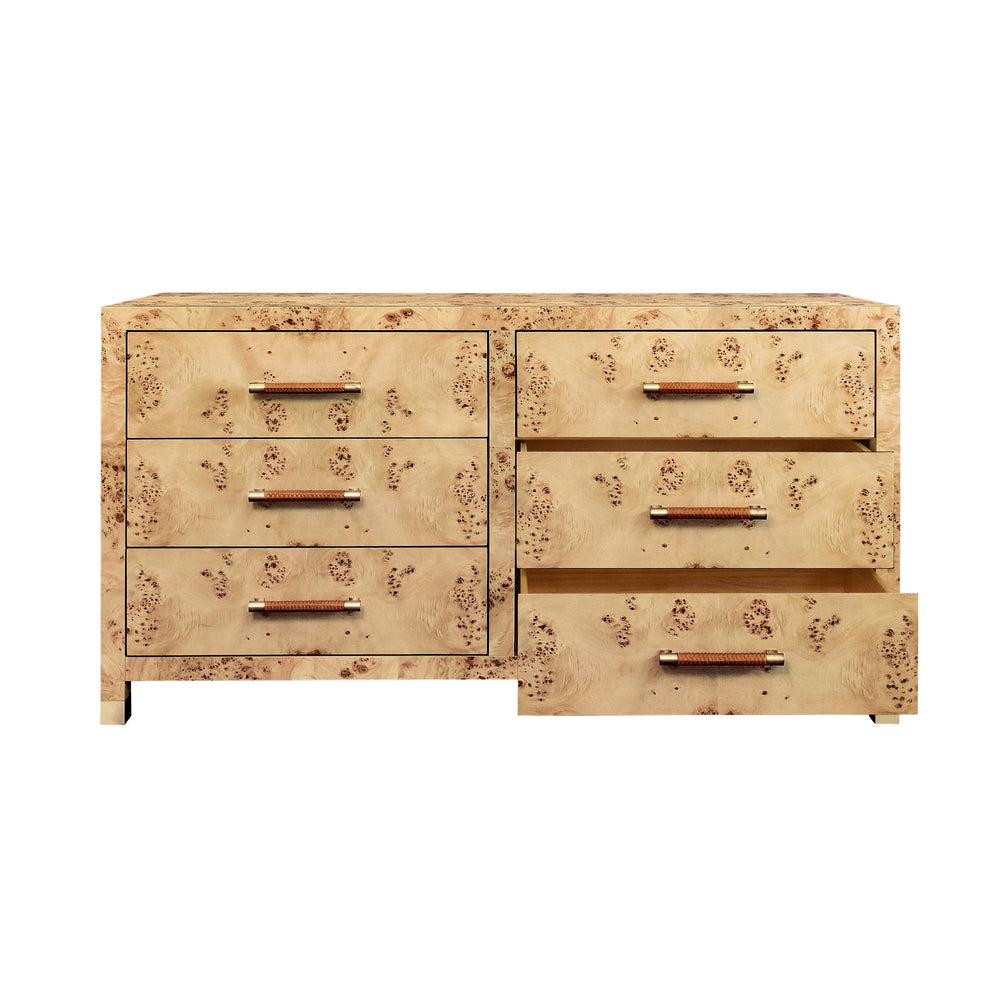 SIX DRAWER CHEST WITH RATTAN WRAPPED HANDLES IN BURL WOOD