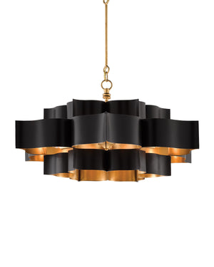 Grand Lotus Black Large Chandelier In Satin Black & Contemporary Gold Leaf