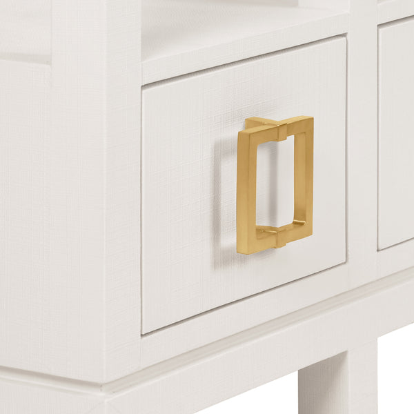 OPEN SHELF CONSOLE WITH THREE BOTTOM DRAWERS AND SQUARE SATIN BRASS HARDWARE IN WHITE TEXTURED LINEN