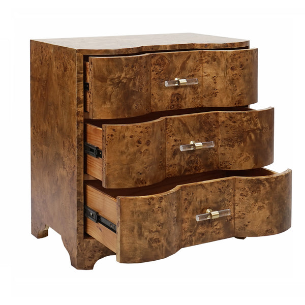 THREE DRAWER SIDE TABLE IN DARK BURL WOOD WITH ACRYLIC HARDWARE