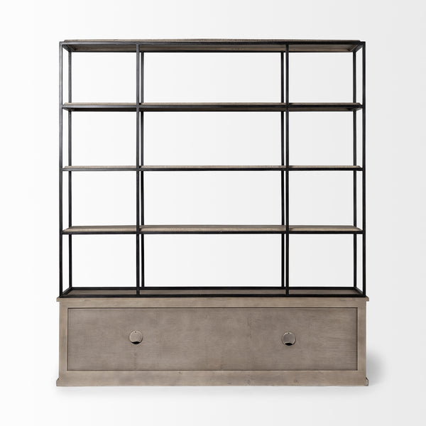 Braxton I Light Brown Wood and Iron Three Shelf Shelving Unit 81.5L x 18.5W x 90