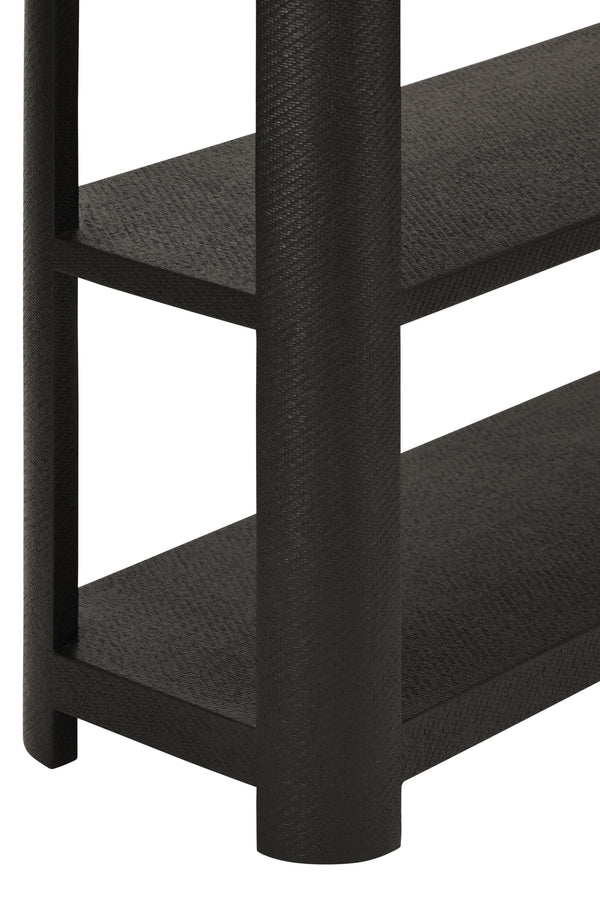 THREE TIER CONSOLE WITH CURVED CORNERS IN BLACK PAINTED GRASSCLOTH