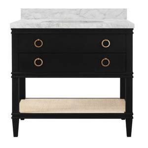 BATH VANITY IN MATTE BLACK LACQUER WITH OPEN CANE SHELF, WHITE MARBLE TOP, PORCELAIN SINK, AND ANTIQUE BRASS RING HARDWARE