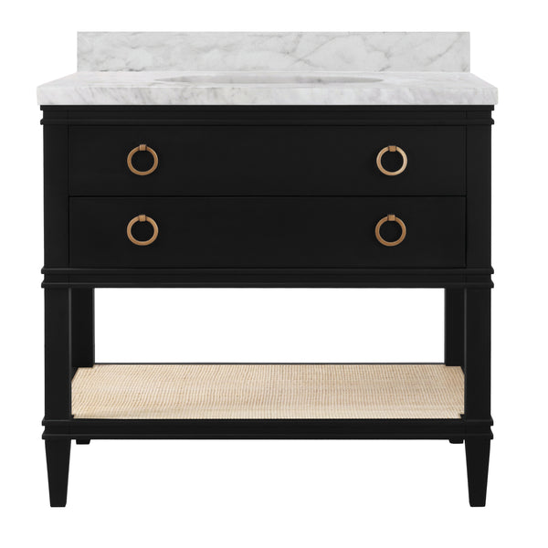 BATH VANITY IN MATTE BLACK LACQUER WITH OPEN CANE SHELF, WHITE MARBLE TOP, PORCELAIN SINK, AND ANTIQUE BRASS RING HARDWARE