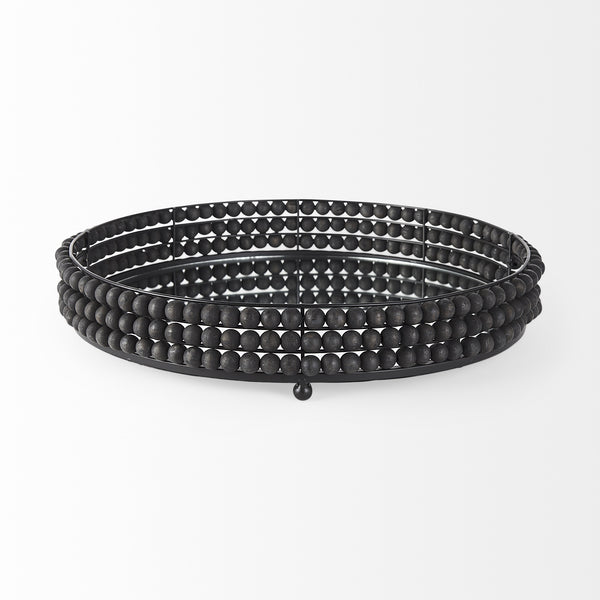 Decatur II 21L x 21W Black Wooden Bead Mirrored Bottom Round Tray