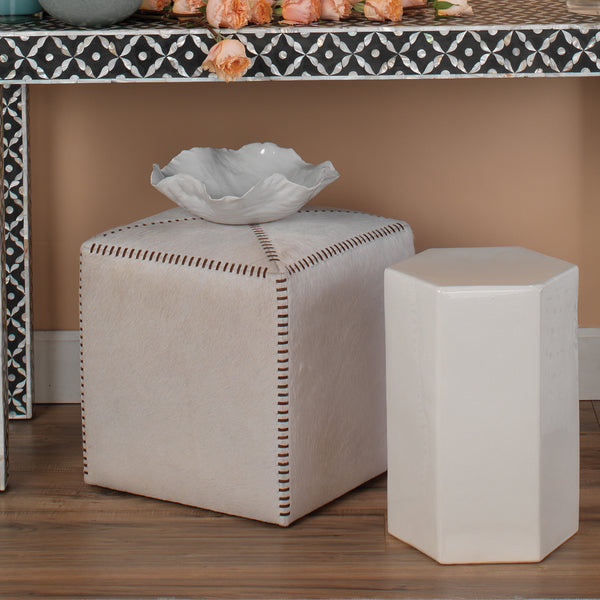 White Hair on Hide Ottoman, Small