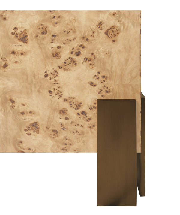 SQUARE CHUNK COFFEE TABLE WITH ANTIQUE BRASS LEG BRACKETS IN BURL WOOD