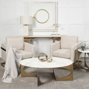 Reinhold 49" Round White Marble Top Gold Metal Base Coffee Table