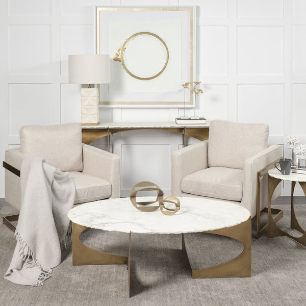 Reinhold 49" Round White Marble Top Gold Metal Base Coffee Table