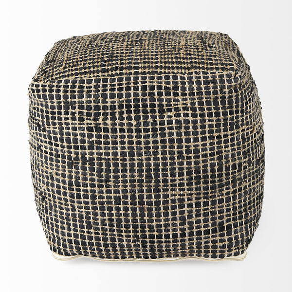 Aalia 16.0L x 16.0W x 16.0H Charcoal Leather and Jute Pouf