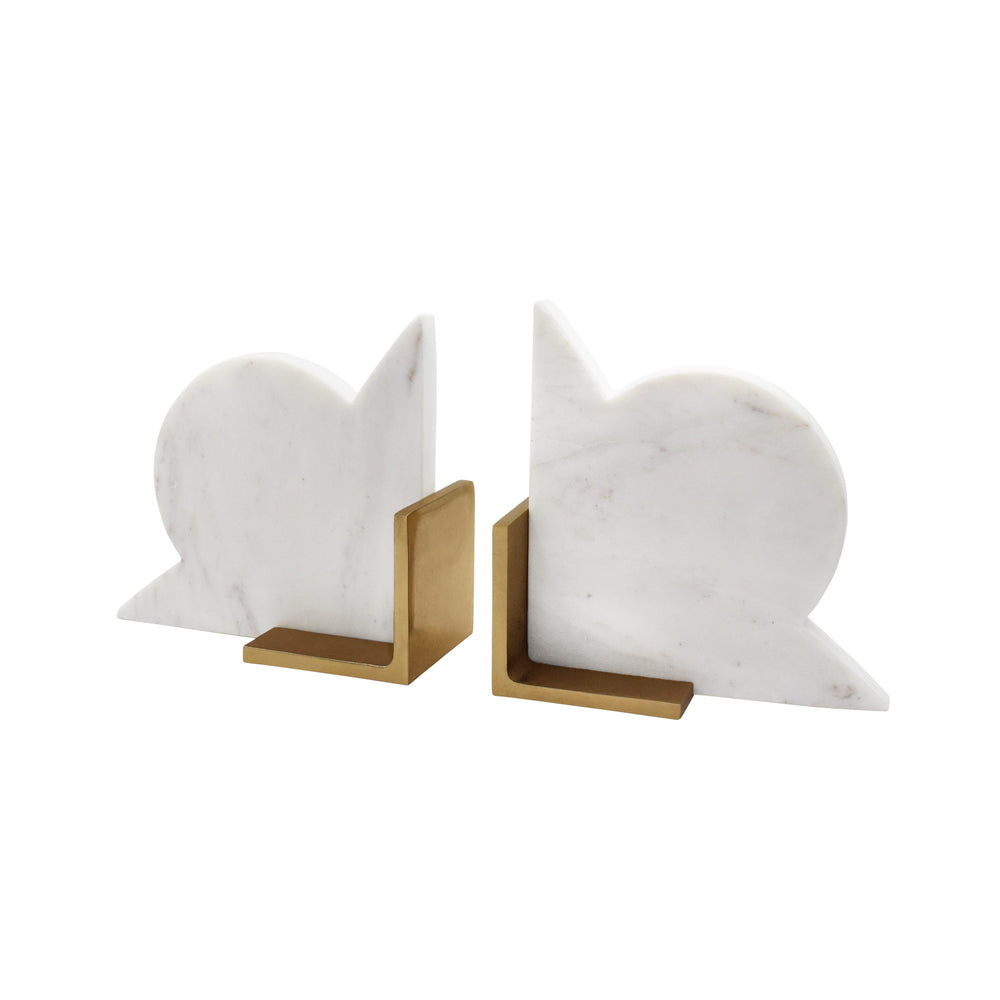 PAIR OF GEOMETRIC WHITE MARBLE BOOKENDS WITH BRASS DETAIL