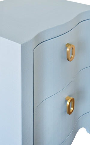 CURVED FRONT SIDE TABLE WITH TWO DRAWERS IN LIGHT BLUE TEXTURED LINEN WITH SATIN BRASS RING HARDWARE