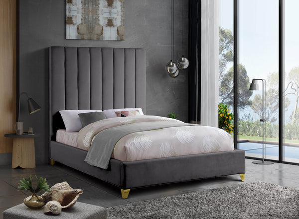 Glenda King Bed In Grey Velvet