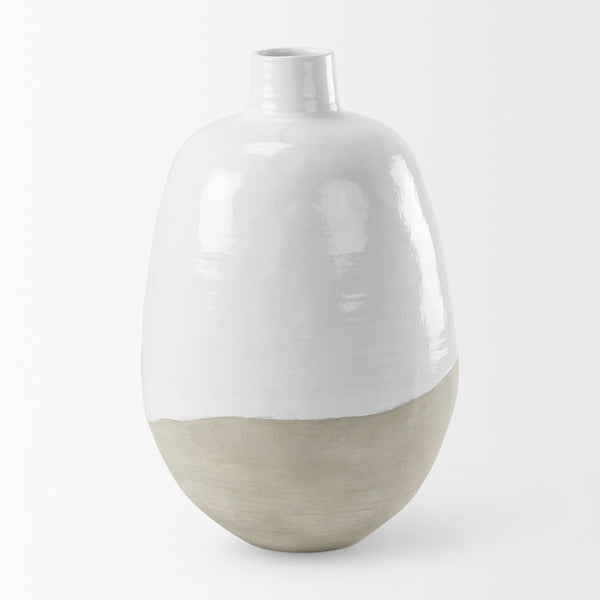 Amos 20.5L x 20.5W x 31.9H White and Dark Beige Color Blocked Ceramic Floor Vase
