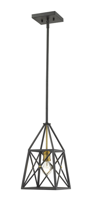 Trestle 1 Light Mini Pendant in Matte Black + Olde Brass Finish
