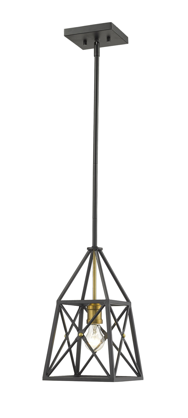 Trestle 1 Light Mini Pendant in Matte Black + Olde Brass Finish