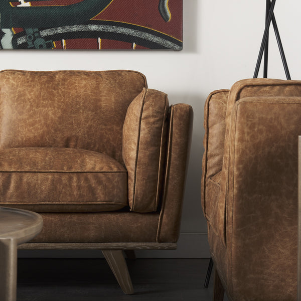 Brooks 41.7L x 34.8W x 33.5H Cognac Brown Faux Leather Chair W/ Medium Brown Wooden Legs